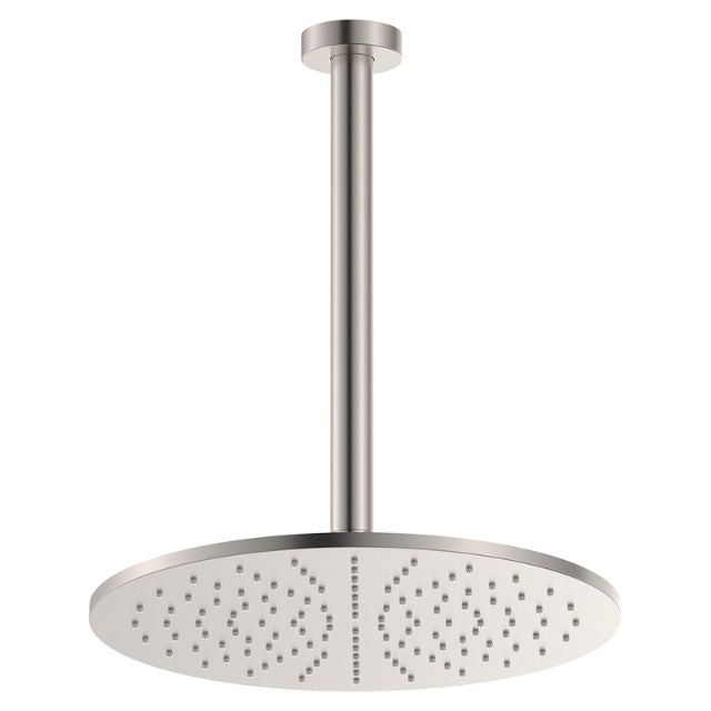 Fienza Empire Slim ceiling shower in brushed nickel, with round overhead head and straight dropper arm