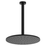 Fienza Empire Slim ceiling shower set in matte black, with round rain head and ceiling dropper arm