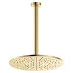 Fienza Empire Slim ceiling shower set in Urban Brass with round overhead shower head and dropper arm, front view