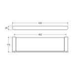 Fienza Empire Slim shower shelf technical drawing, brushed nickel with clear glass, showing 430mm and 115mm dimensions