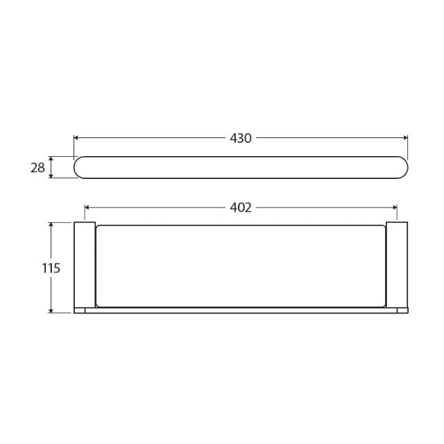 Fienza Empire Slim shower shelf technical drawing, brushed nickel with clear glass, showing 430mm and 115mm dimensions