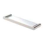 Fienza Empire Slim glass shower shelf in brushed nickel, with clear tempered glass and rounded stainless steel brackets