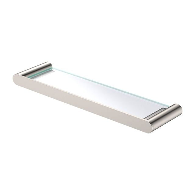 Fienza Empire Slim glass shower shelf in brushed nickel, with clear tempered glass and rounded stainless steel brackets