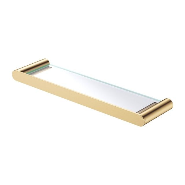 Fienza Empire Slim shower shelf in urban brass with clear tempered glass and rounded brass brackets, angled view on white background