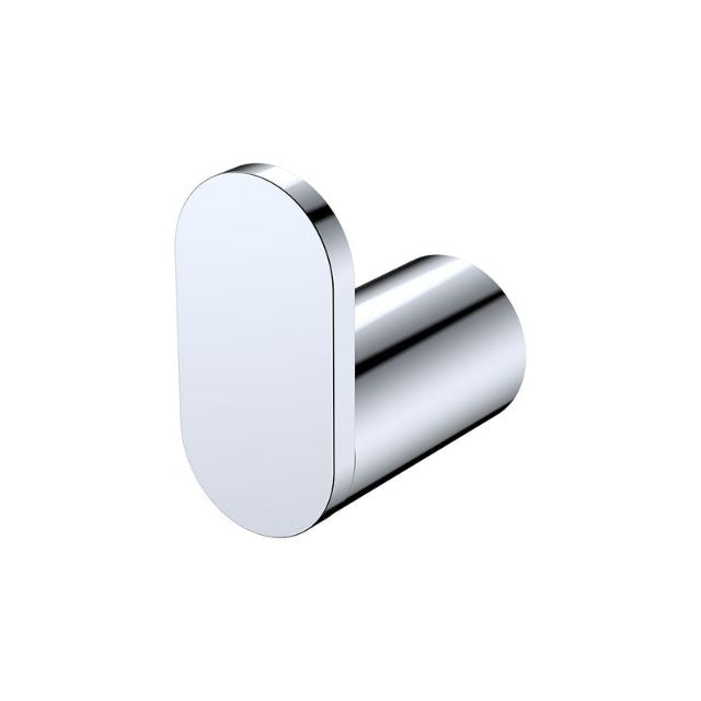 Fienza Empire Slim single robe hook in chrome, slim rounded stainless steel wall hook on white background