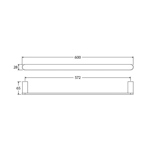 Fienza Empire Slim single towel rail technical drawing, 600mm brushed nickel with dimensions and fixing distance shown