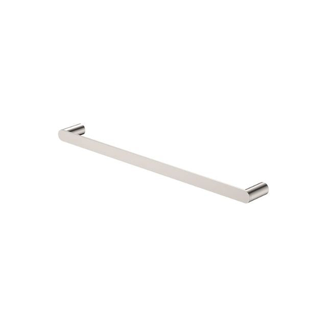 Fienza Empire Slim single towel rail in brushed nickel, 600mm, with slim rounded bar and wall brackets on white background