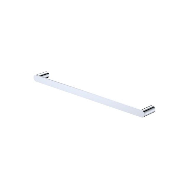 Fienza Empire Slim single towel rail, 600mm, chrome finish with rounded wall brackets on white background