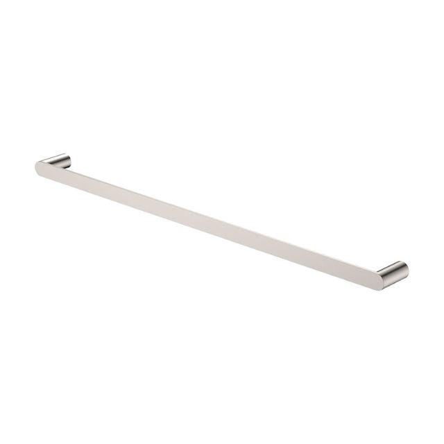 Fienza Empire Slim 800mm single towel rail in brushed nickel, slim rounded stainless steel wall-mounted rail on white background