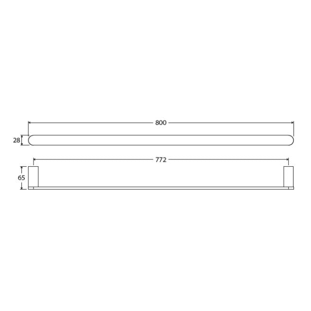 Fienza Empire Slim Single Towel Rail 800mm chrome technical drawing with dimensions and fixing distance