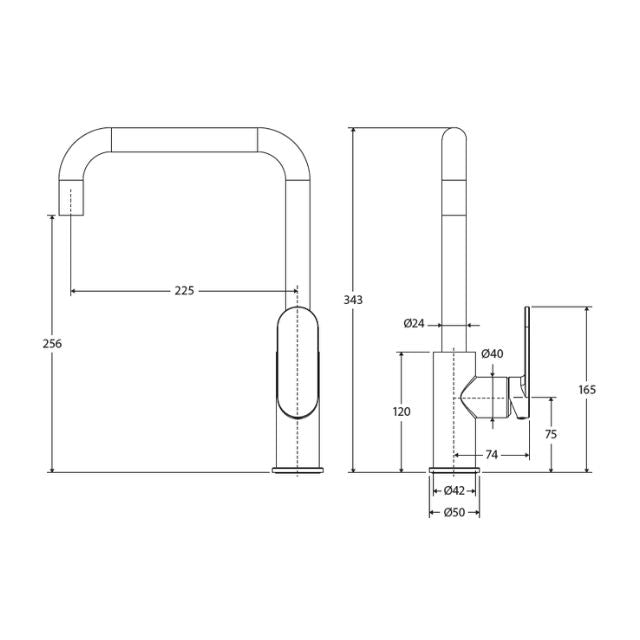 Fienza Empire Slim Sink Mixer technical drawing in brushed copper, showing front and side dimensions and swivel gooseneck spout