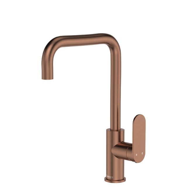 Fienza Empire Slim gooseneck sink mixer in brushed copper, slim hob-mounted tap with swivel spout shown on white background