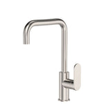 Fienza Empire Slim sink mixer in brushed nickel, gooseneck kitchen tap, side view on white background