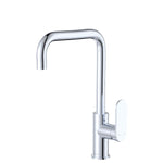 Fienza Empire Slim chrome sink mixer with slim gooseneck spout and side lever, shown on white background