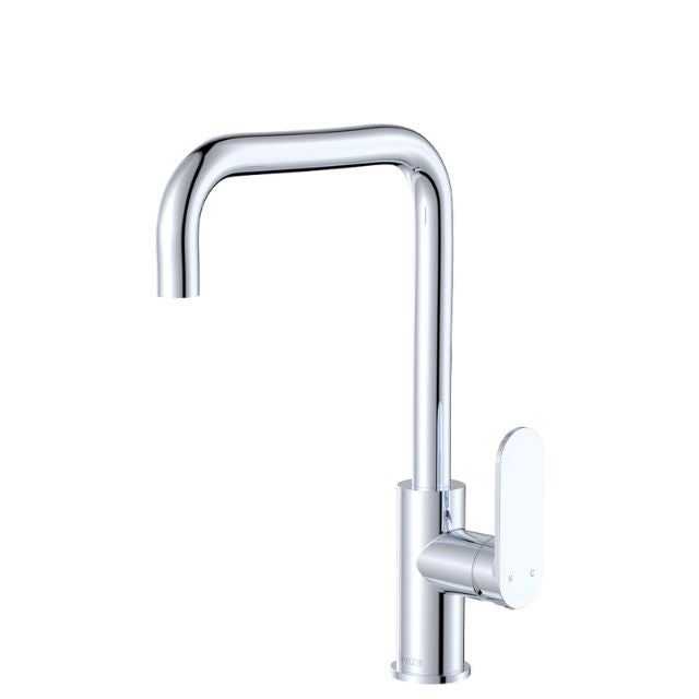Fienza Empire Slim chrome sink mixer with slim gooseneck spout and side lever, shown on white background