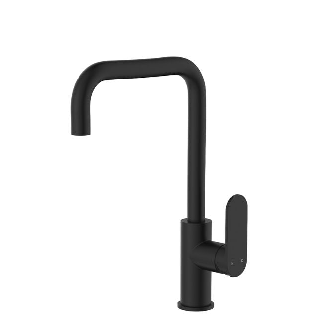 Fienza Empire Slim sink mixer in matte black, slim gooseneck kitchen tap with swivel spout and side lever handle