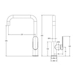 Fienza Empire Slim sink mixer technical drawing in Urban Brass, showing front and side dimensions for gooseneck tap