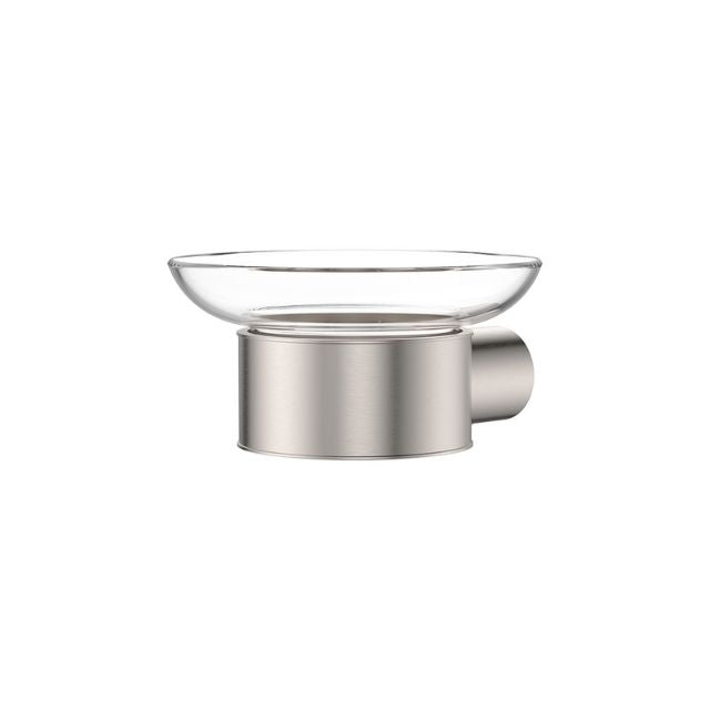 Fienza Empire Slim clear glass soap dish in brushed nickel, wall-mounted bathroom accessory