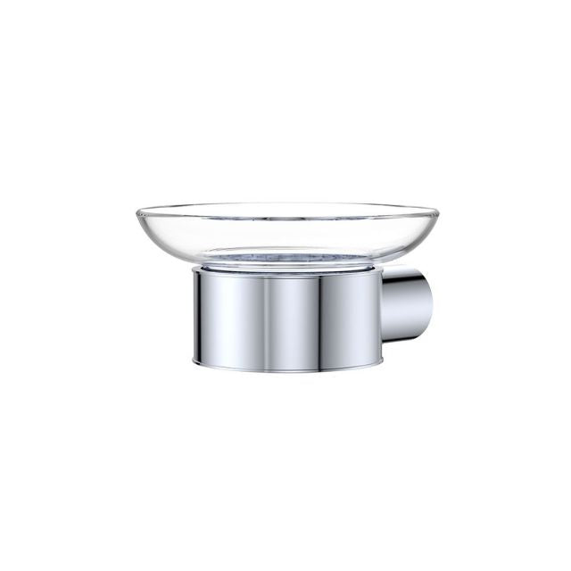 Fienza Empire Slim chrome glass soap dish with wall-mounted bracket, shown front on with clear removable dish