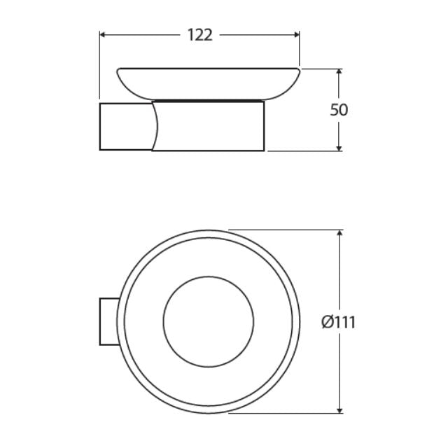 Fienza Empire Slim soap holder technical drawing in matte black, showing side and top views with 122 x 50mm dimensions and Ø111 dish.