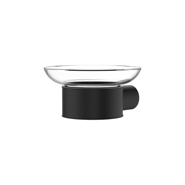 Fienza Empire slim wall-mounted soap holder with clear glass dish and matte black finish