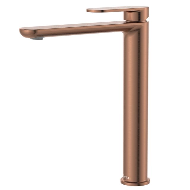 Fienza Empire Slim tall basin mixer in brushed copper, side view, with slim round spout and lever handle