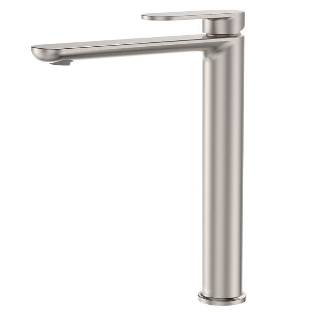 Fienza Empire Slim tall basin mixer in brushed nickel, with slim round swivel spout and single lever, shown on white background