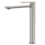 Fienza Empire Slim tall basin mixer in brushed nickel, with slim round swivel spout and single lever, shown on white background