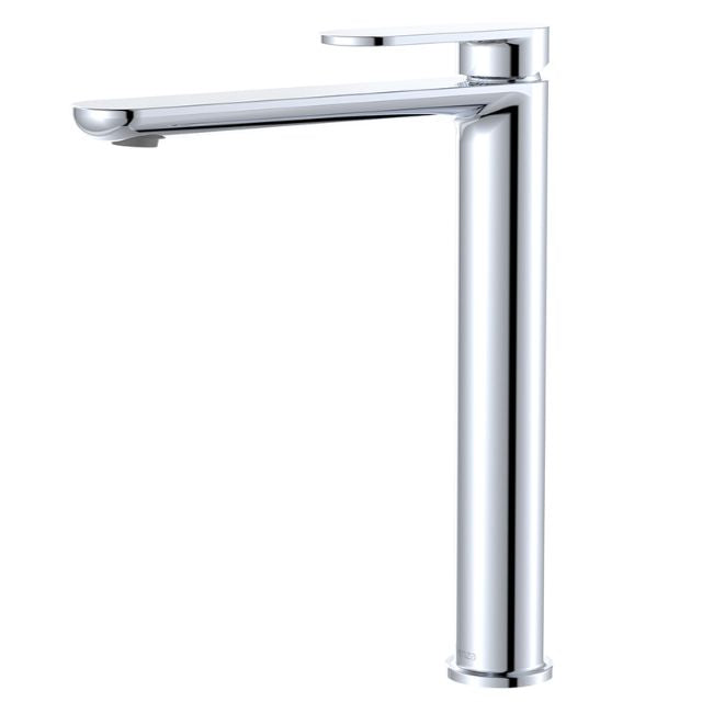 Fienza Empire Slim tall basin mixer tap in chrome, side view, with slim round spout and single lever handle