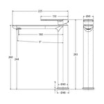 Technical drawing of Fienza Empire Slim tall basin mixer in Urban Brass, showing dimensions and side/front views.