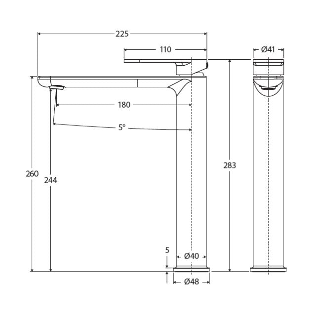 Technical drawing of Fienza Empire Slim tall basin mixer in Urban Brass, showing dimensions and side/front views.