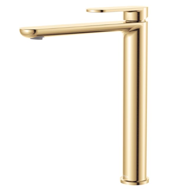 Fienza Empire Slim tall basin mixer in Urban Brass, side view, with slim round swivel spout