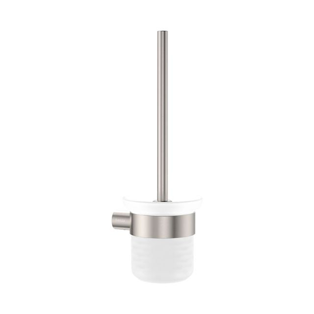 Fienza Empire Slim wall-mounted toilet brush holder in brushed nickel with frosted glass tumbler, round slim design