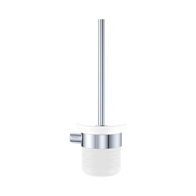 Fienza Empire Slim toilet brush and glass holder in chrome with frosted glass tumbler and stainless steel wall bracket