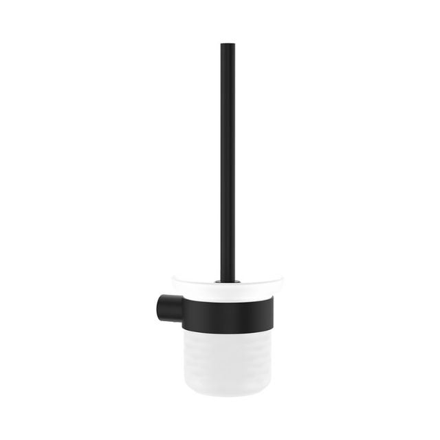 Fienza Empire Slim toilet brush and glass holder, matte black with frosted glass tumbler, wall-mounted bathroom accessory