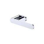 Fienza Empire slim chrome toilet roll holder with rounded wall mount and bar on white background