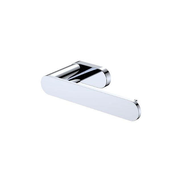 Fienza Empire slim chrome toilet roll holder with rounded wall mount and bar on white background
