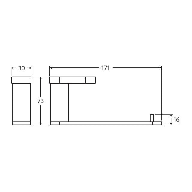 Fienza Empire Slim toilet roll holder technical drawing in matte black, showing dimensions and side view