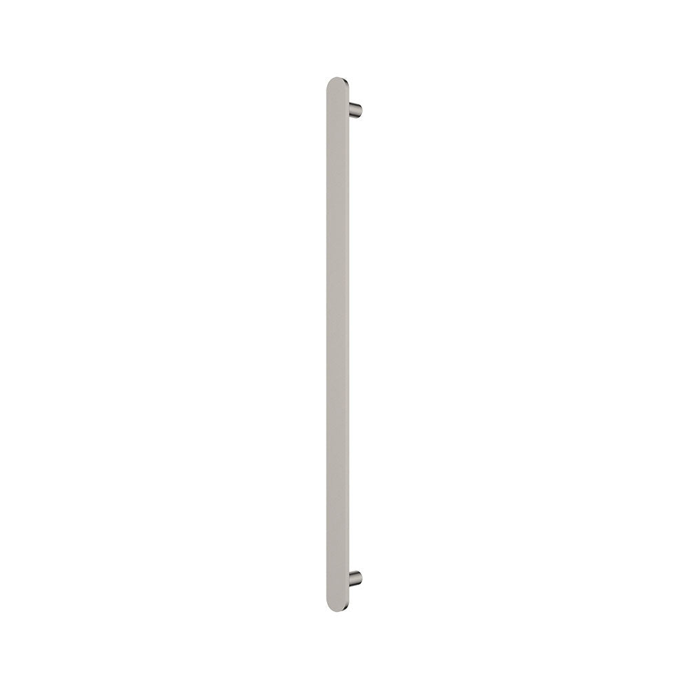 Fienza Empire slim vertical heated towel rail in brushed nickel, single oval bar, front view on white background
