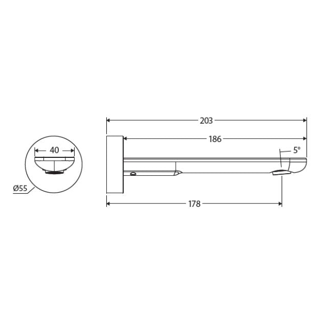 Technical drawing of Fienza Empire Slim wall basin/bath outlet, round plate and 178mm spout reach, side view with dimensions