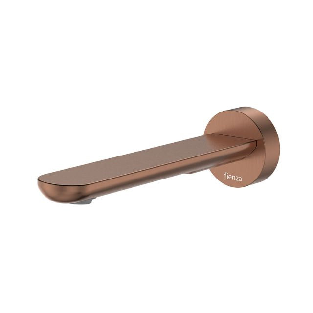 Fienza Empire Slim wall basin/bath outlet, brushed copper round plate tap spout with slim flat reach and swivel outlet