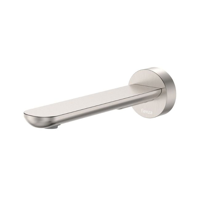 Fienza Empire Slim wall basin/bath outlet, brushed nickel, round wall plate and slim spout, front view