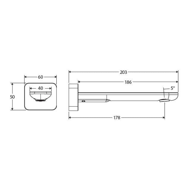 Fienza Empire Slim wall basin/bath outlet technical drawing with 180mm square plate and 178mm spout reach