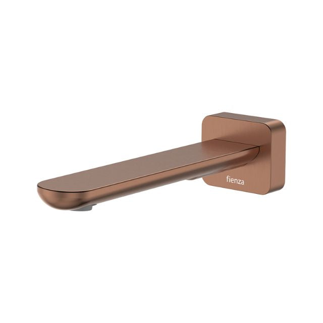 Fienza Empire Slim wall basin/bath outlet in brushed copper with square plate and slim 180mm spout view