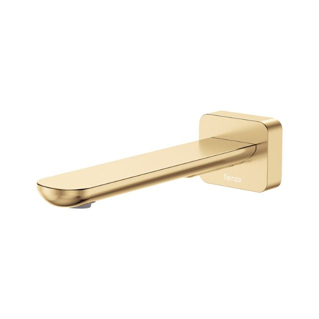 Fienza Empire Slim wall basin/bath outlet in Urban Brass, with slim square plate and 180mm swivel spout