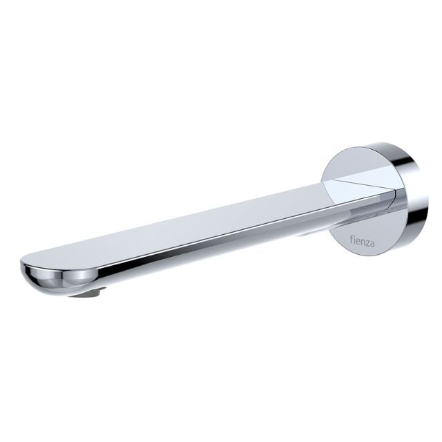 Fienza Empire Slim chrome wall basin/bath spout with round plate, shown in side view