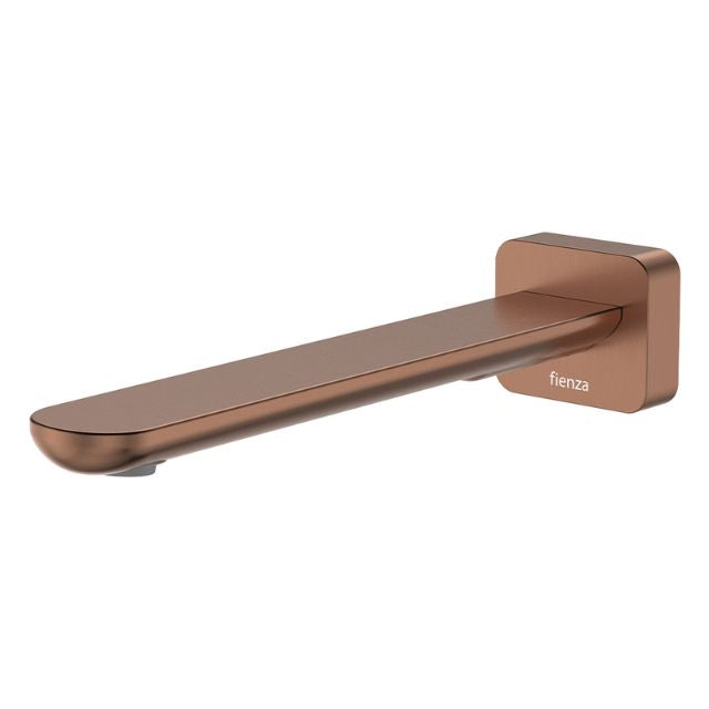 Fienza Empire Slim wall basin/bath outlet, brushed copper, square plate, 220mm spout reach, wall-mounted tap on white background