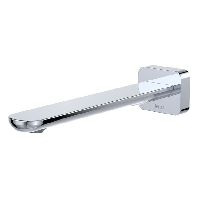 Fienza Empire Slim chrome wall basin/bath outlet with square plate and slim swivel spout, angled on white background