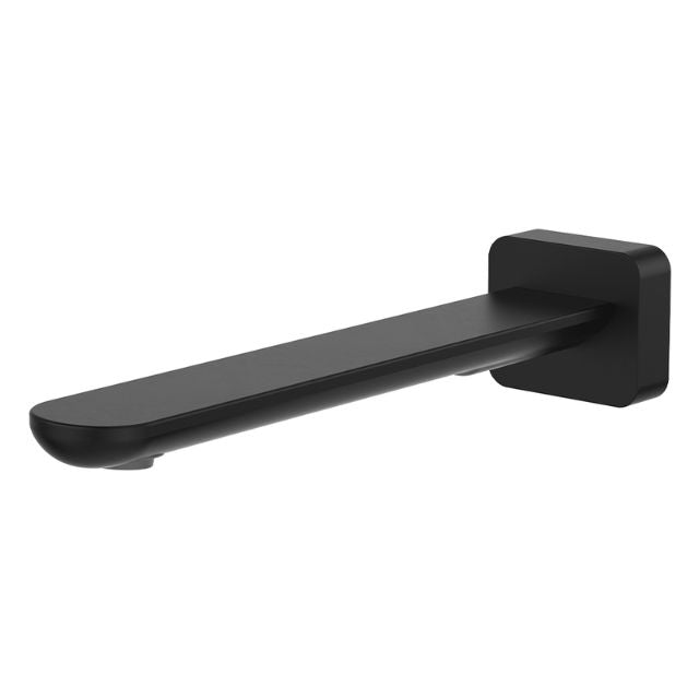 Fienza Empire Slim wall basin/bath outlet in matte black with square plate, shown on white background