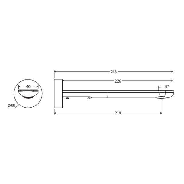 Fienza Empire Slim wall bath/basin outlet technical drawing, round plate, 220mm reach, brushed nickel, side view with dimensions
